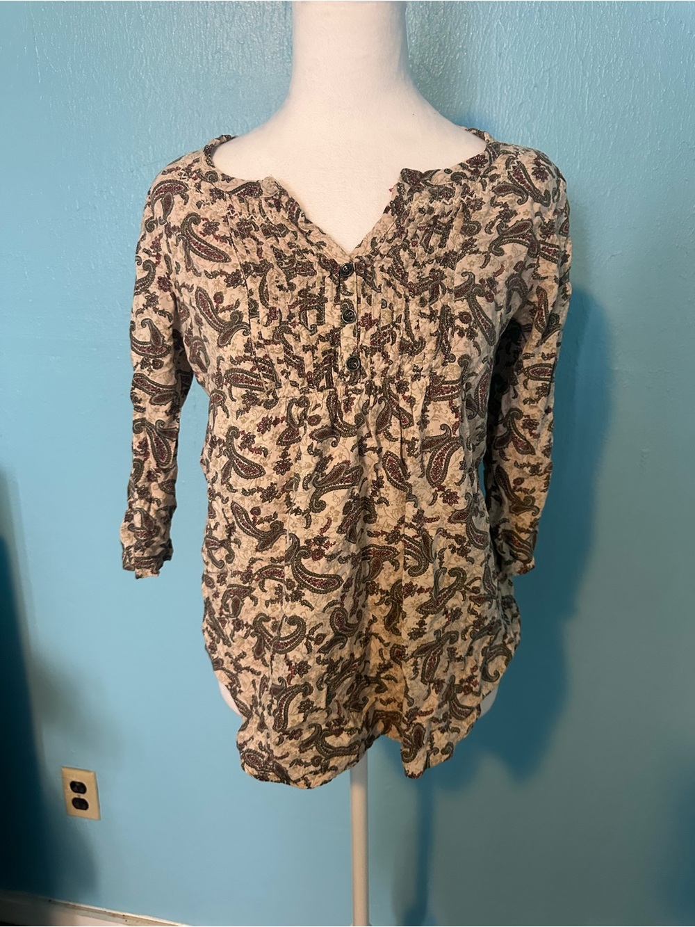 Paisley Button-Front Peasant Blouse in Beige and Brown